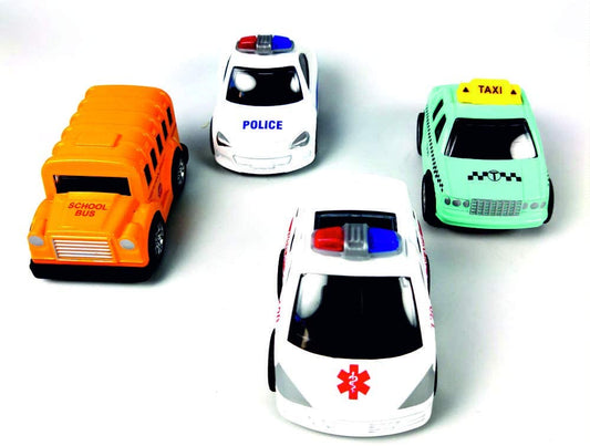 City Return Car Toys, Metal Toy Cars Set of 4, with School Bus/Police Car/Ambulance/Taxi, Pull Back Car, Gift Pack for Kids