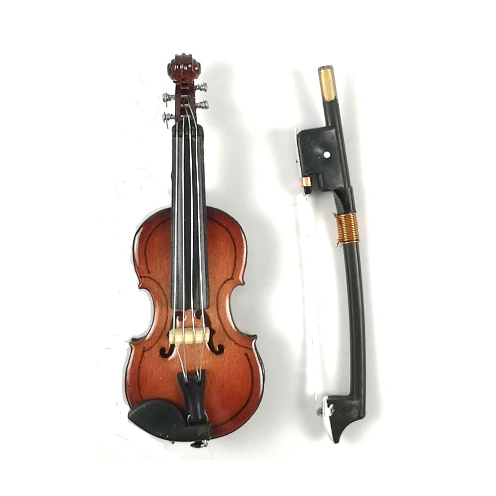ALANO Miniature Violin Mini Musical Instrument Wooden Model Replica Festival Decoration and Holiday Tree Ornament with Stand and Case (8cm)