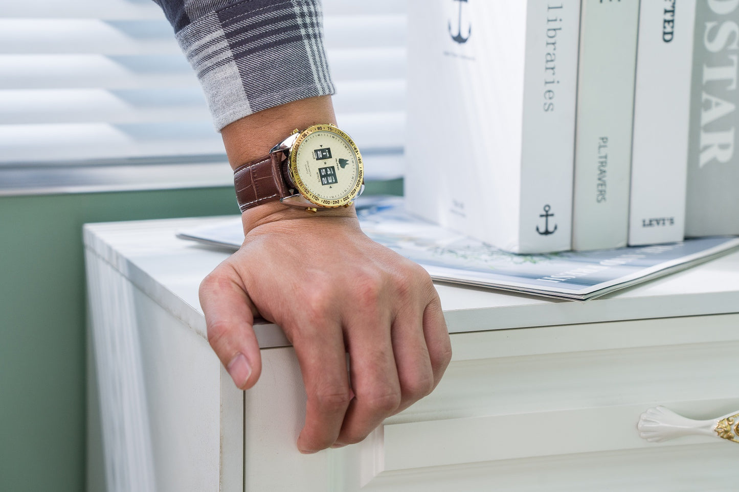 Drum Watch with brown genuie leather band, Quartz armband Watch, edel and stylish (golden+silver)