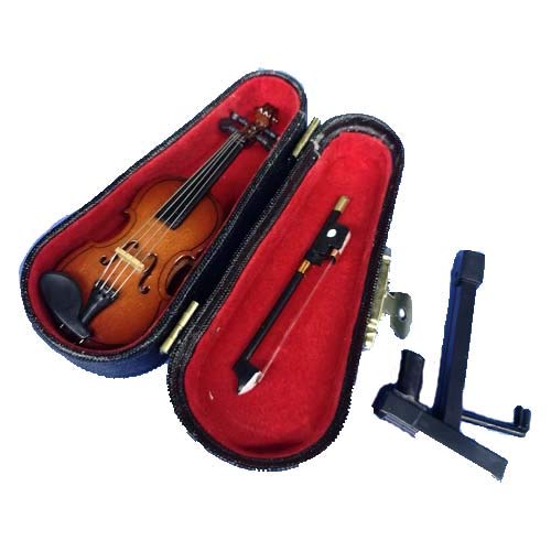 ALANO Miniature Violin Mini Musical Instrument Wooden Model Replica Festival Decoration and Holiday Tree Ornament with Stand and Case (8cm)