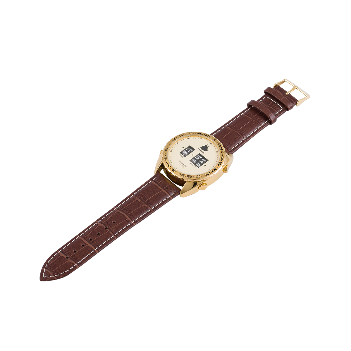 Drum Watch with genuie leather band, Quartz armband Watch in gold color edel and stylish (Golden)