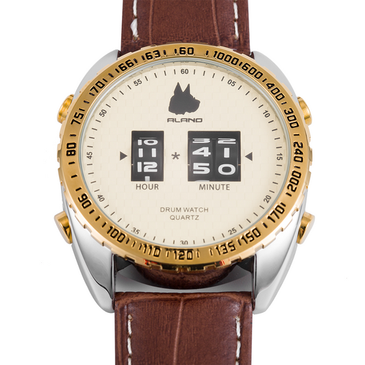 Drum Watch with brown genuie leather band, Quartz armband Watch, edel and stylish (golden+silver)