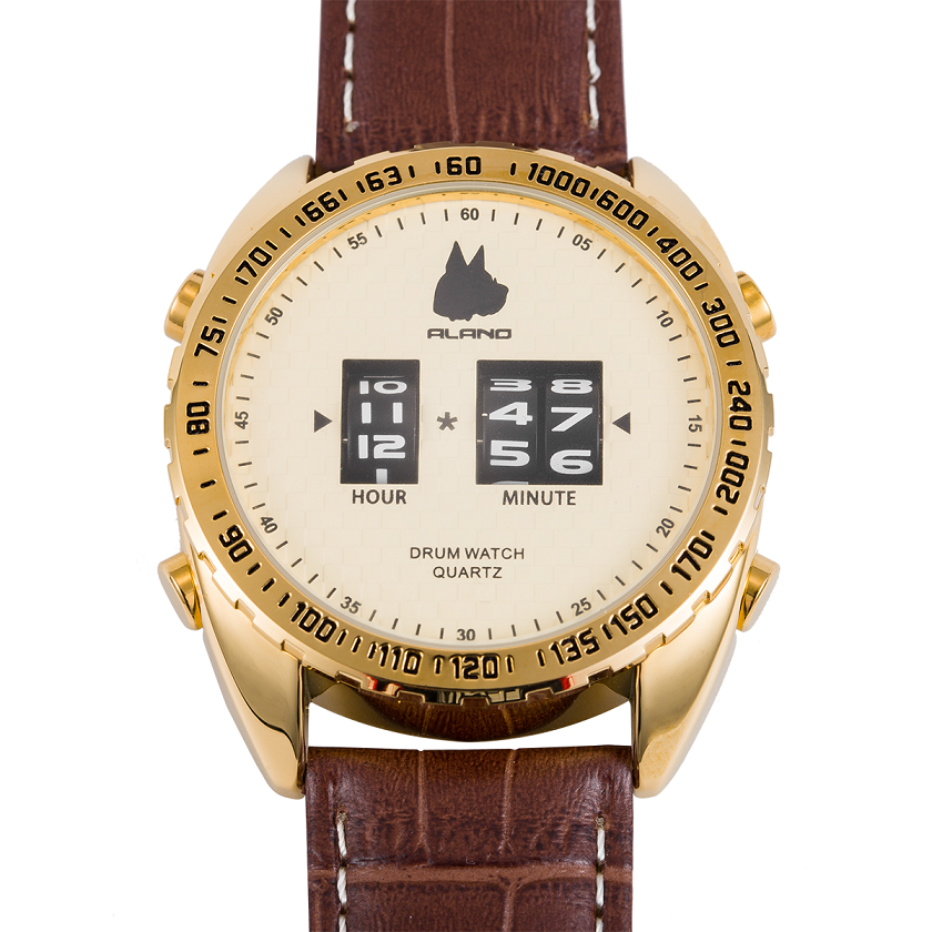 Drum Watch with genuie leather band, Quartz armband Watch in gold color edel and stylish (Golden)