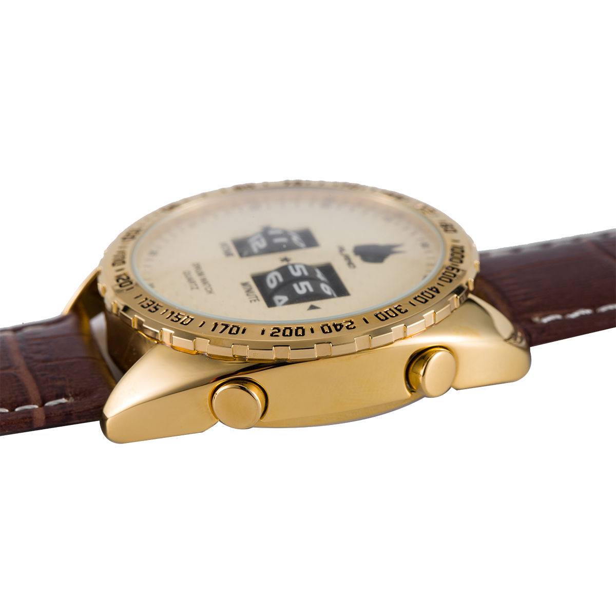 Drum Watch with genuie leather band, Quartz armband Watch in gold color edel and stylish (Golden)